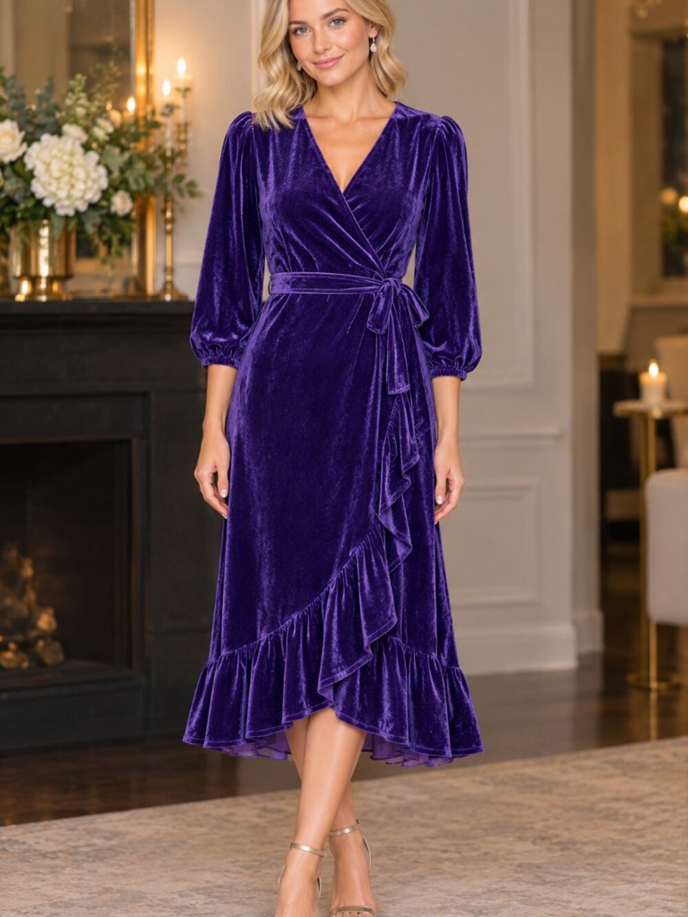 Cato NWT Purple Velvet Midi Dress Belt Size S Soft Elegant Party Holiday Ruffles